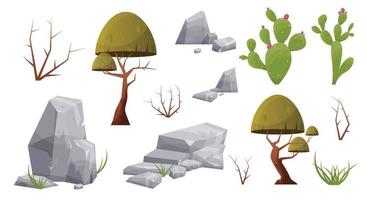 Desert flora collection with mountain rocks, plants, cactuses, trees, bushes and grass. Wild desert elements in cartoon style isolated on white vector