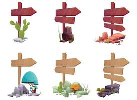 Wooden directional sign boards with desert rocks and plants in cartoon style vector illustration isolated on white