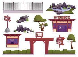 Zoo landscape elements vector illustration in cartoon style. Wooden zoo entrance with green fence,  ticket booth, gift shop, stones, trees and signs