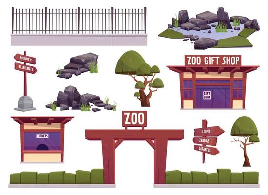 Zoo landscape elements vector illustration in cartoon style. Wooden zoo entrance with green fence,  ticket booth, gift shop, stones, trees and signs