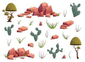 Desert flora collection with mountain rocks, plants, cactuses, trees, bushes and grass. Wild desert elements in cartoon style isolated on white vector