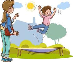 boy jumping on the trampoline and his mother watching him vector