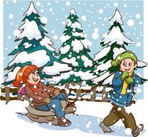 Kids play outside in the winter season. Cartoon style vector background. Happy children with  having fun while snowing in a park skating, skiing, making a snowman, playing snowball and sledding.