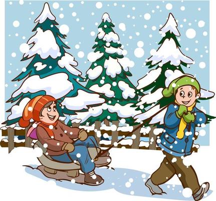 Kids play outside in the winter season. Cartoon style vector background. Happy children with  having fun while snowing in a park skating, skiing, making a snowman, playing snowball and sledding.
