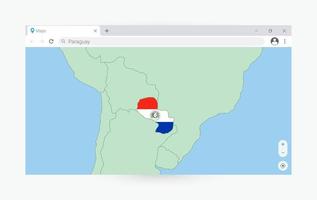 Browser window with map of Paraguay, searching  Paraguay in internet. vector