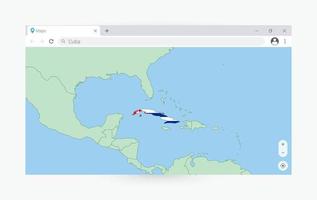 Browser window with map of Cuba, searching  Cuba in internet. vector