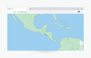 Browser window with map of El Salvador, searching  El Salvador in internet. vector