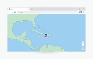 Browser window with map of Haiti, searching  Haiti in internet. vector