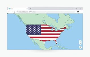 Browser window with map of USA, searching  USA in internet. vector