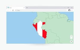 Browser window with map of Peru, searching  Peru in internet. vector