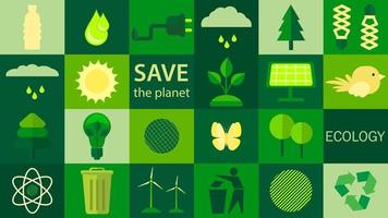 Happy Earth Day. 22 April. Let s save the Earth. Icons with ecological themes. Template for background, banner, postcard, poster with text inscription. Vector illustration