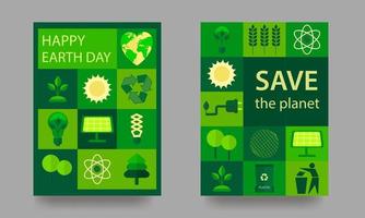 Poster set. Happy earth day. 22 April. Let s save the Earth. Icons with ecological themes. Template for background, banner, postcard, poster with text inscription. Vector illustration