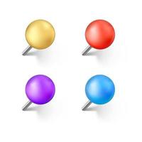 Set of color push pins with shadow. Realistic office needle. Vector illustration isolated on white background