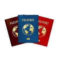 Set of Biometric blue brown and red passports cover. Identity document with digital id. Golden text passport and global map with microchip. Vector illustration isolated on white background