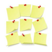 Set of yellow stickers with space for text or message stuck by clip to wall. Vector illustration isolated on white background