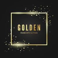 Golden frame template with glitter effect for banner and poster. Gold square shape border with space for text.  Vector illustration isolated on dark background