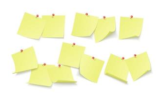 Empty yellow stickers with space for text or message stuck by clip to wall. reminder board. Vector illustration isolated on white background