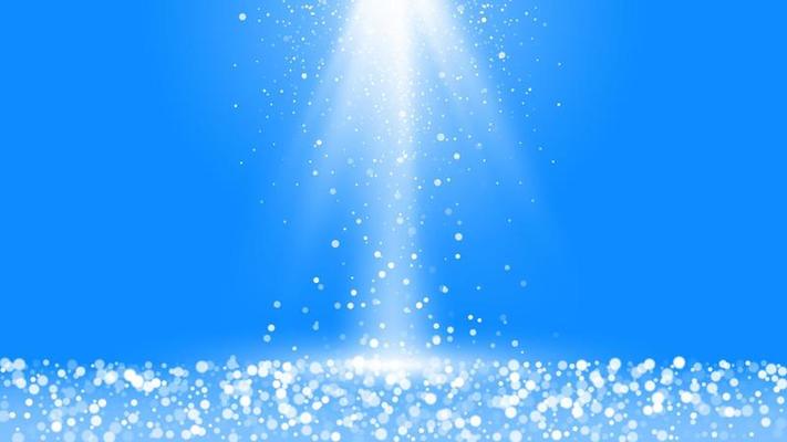 Winter snowfall with blurred elements. Festive vibrant background with snow and shiny rays. Vector illustration isolated on blue background