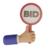 3d render icon cute hand holding bidding board, concept illustration of bidding on auction png