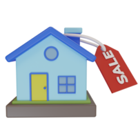 3d tolkning. minimalistisk stil söt hus ikon och försäljning märka, begrepp illustration av hus för försäljning png
