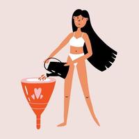 Woman pours liquid in menstrual cup vector