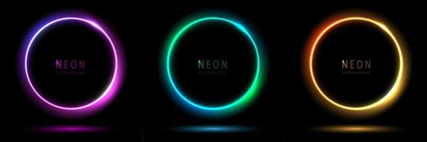 Gradient neon circle frame. collection of round glowing neon lighting on dark background with copy space. graphic element for social media stories. vector design.