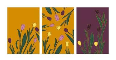 Set of trendy modern posters with tulips in EPS format. Collection of vector editable backgrounds with spring colors. Tulip Poster Pack.