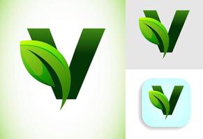 inicial v alfabeto con un hoja. Respetuoso del medio ambiente logo concepto. gráfico alfabeto símbolo para negocio y empresa identidad. vector