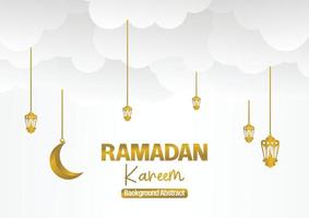 Ramadan Kareem greeting banner or card design with 3d paper cut ornament of islamic lantern, moon on golden and gray background. Vector illustration. Place for text