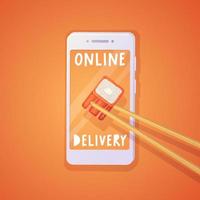 Chopsticks get philadelphia maki roll through the smartphone screen. Online delivery orange poster vector