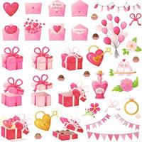 conjunto de objetos de día de san valentín rosa. símbolos de decoración romántica en estilo de dibujos animados realistas. vector