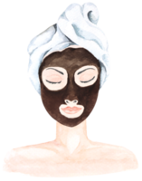 kvinna med maskering henne ansikte med lera i skönhet spa.illustration målad med akvarell.hud vård.skönhet behandling. png