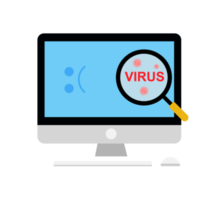 cyber crime  concept. computer threat protection. viruses detection. A magnifying glass detecting viruses. flat design illustration. png