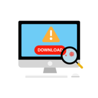 säkring begrepp. varna detekterad virus. akta sig av laddar ner virus till din dator. pc med förstorande glas detekterings virus. platt design illustration. png