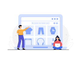 online shopping flat design. ecommerce concept. business data analysis. two people working together with a shopping website as background. illustration. png