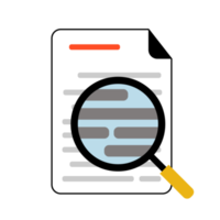 document analysis and investigation. data examination. file scanning. document with magnifying glass scanning. flat design illustration. png