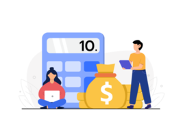 work flat design. flat design business analysis concept. two people working together with a pile of coins and calculator as a background. illustration. png