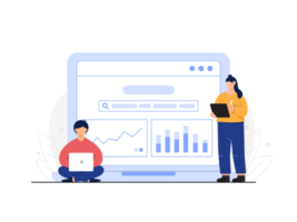 work flat design. flat design data analysis concept. two people working together with a search engine as a background. illustration. png