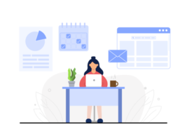 work flat design. flat design data analysis concept. A person working with a statistic graph on a projector screen. illustration. png