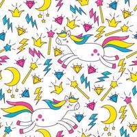 Vector pattern with pony unicorns, magic wand, crown and diamonds.