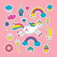 un conjunto de pegatinas con un linda poni, dulces, magdalenas y un arco iris con nubes vector