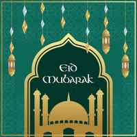 Eid mubarak with mosque and lantern background vector