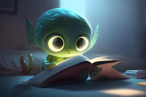 3d pequeño extraterrestre personaje leyendo un libro. ilustración para mundo libro día diseñado por generativo ai. foto