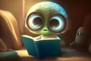 3d pequeño extraterrestre personaje leyendo un libro. ilustración para mundo libro día diseñado por generativo ai. foto