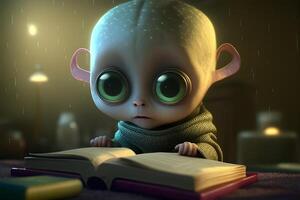 3d pequeño extraterrestre personaje leyendo un libro. ilustración para mundo libro día diseñado por generativo ai. foto