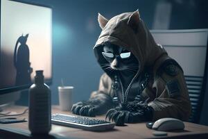 A digital intelligence hacker cat research with a computer. . photo