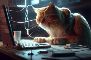 A digital intelligence hacker cat research with a computer. . photo