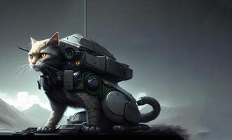 A digital intelligence hacker cat research with a computer. . photo