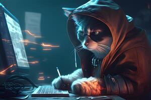 A digital intelligence hacker cat research with a computer. . photo