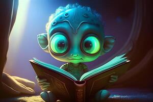 3d pequeño extraterrestre personaje leyendo un libro. ilustración para mundo libro día diseñado por generativo ai. foto